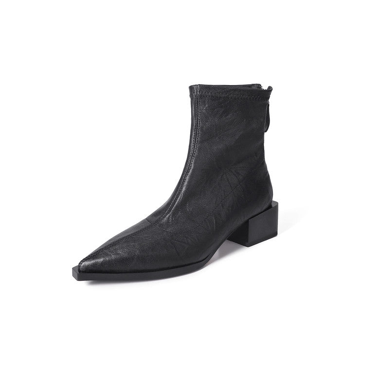 Karin Luna Elegant Style Pointed Toe Chunky Heel Short Boots