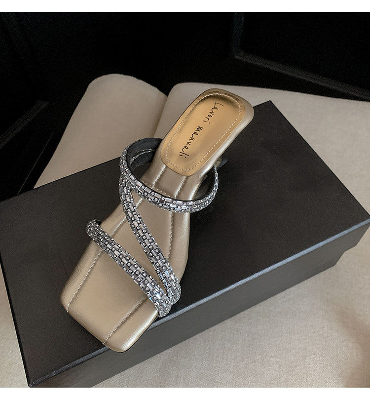 Karin Luna In Stock Spot Goods  Rhinestone One-Strap Irregular Heel Square-Toe Slippers