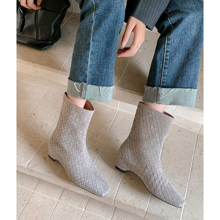 Karin Luna Handmade Woven Fabric Small Square Toe Hidden Heel Short Boots
