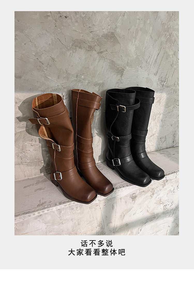 Karin Luna In Stock In Stock European and American Style Square Toe Thick Sole Belt Buckle Long Boots
