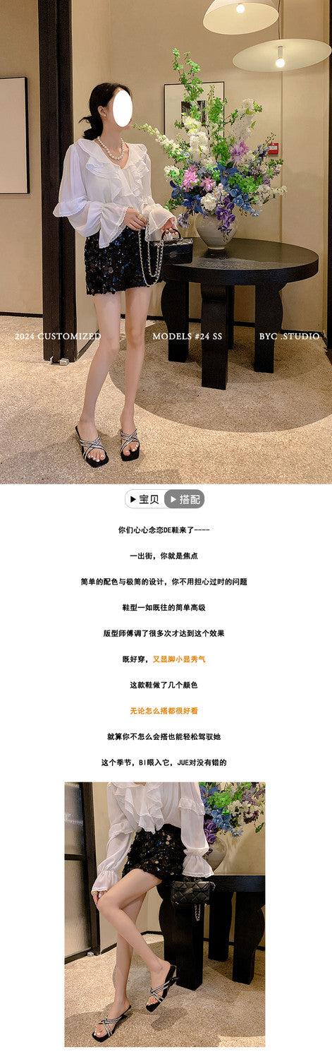 Karin Luna In Stock Spot Goods  Rhinestone Cross Strap Square Toe High Heel Slippers