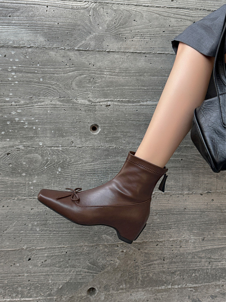Karin Luna French Style Square Toe Bowknot Hidden Wedge Slim Boots