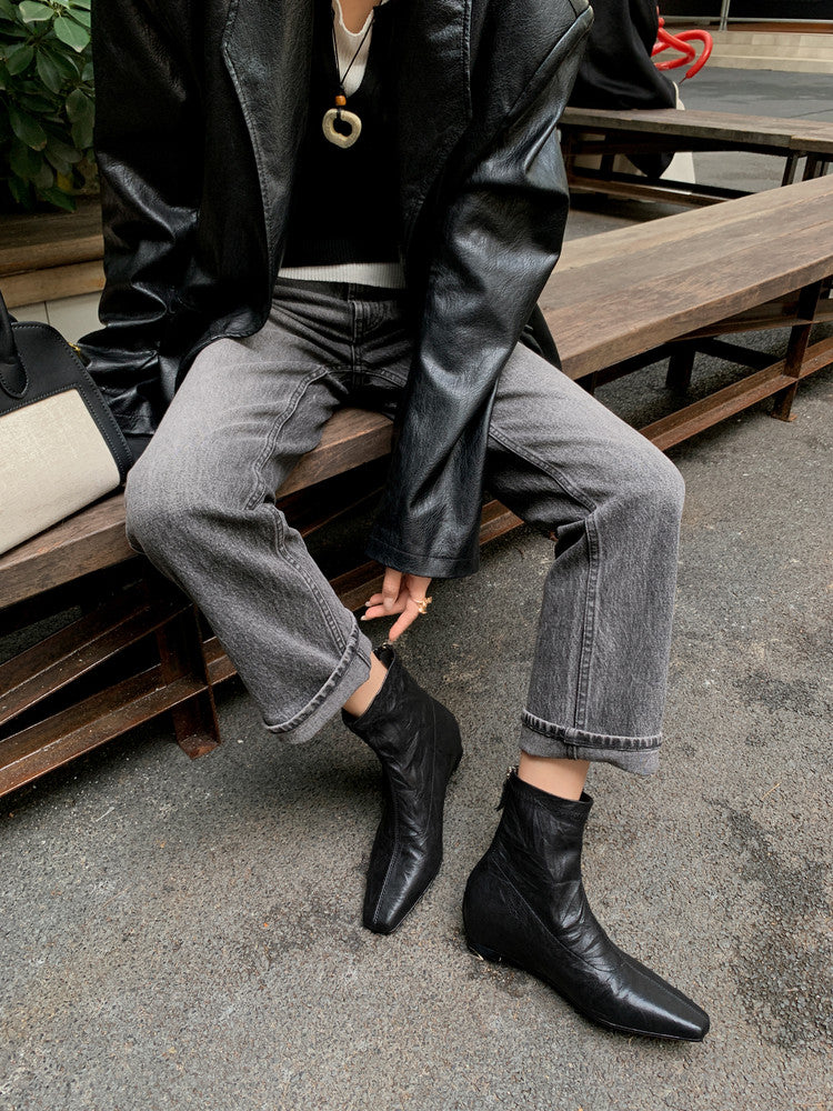Karin Luna In Stock Spot Goods Slim Series  Hidden Wedge Small Square Toe Back Zipper Short Boots