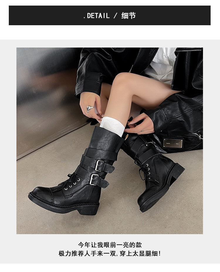 Karin Luna Bestseller Hot-Selling Large Tube Leather Belt Buckle Round Toe Thick-Soled Short Boots