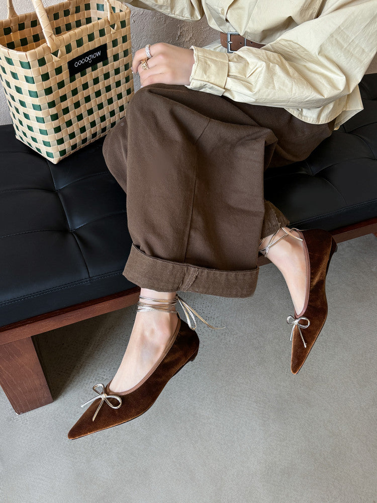 Karin Luna In Stock In Stock Retro Velvet Pointed Toe Bowknot Single Shoes