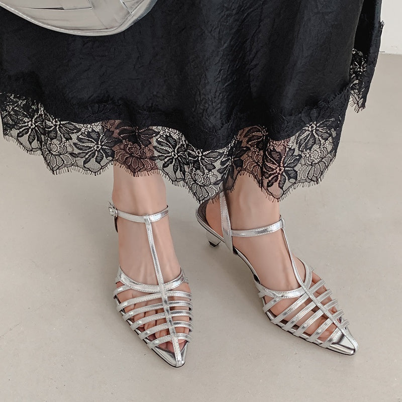 Karin Luna French Hollow Toe Metal Heel Elegant Sandals
