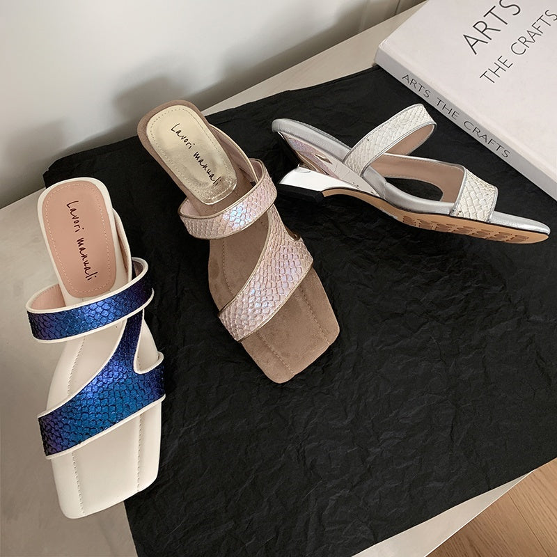 Karin Luna Fish Skin Series~Minimalist Square Toe Popular Irregular Heel Slippers