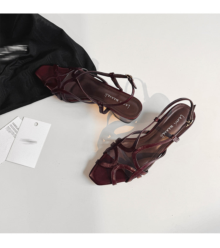 Karin Luna French Hollow Style Small Square Toe Chunky Heel Sandals