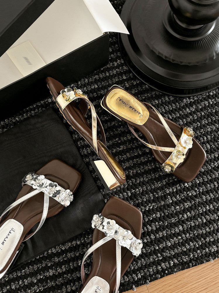 Karin Luna In Stock Spot Goods  One-Strap Sequin Floral Square-Toe Flat Slippers