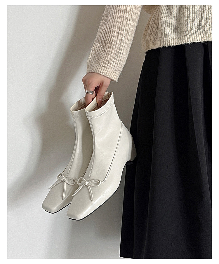 Karin Luna French Style Square Toe Bowknot Hidden Wedge Slim Boots