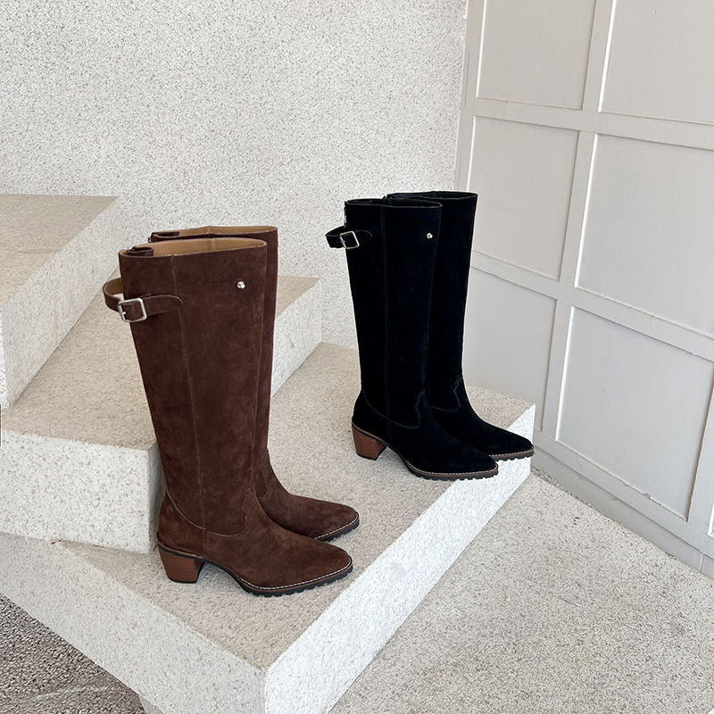 Karin Luna In Stock Spot Goods Retro Cowhide Leather Chunky Heel Suede Long Boots