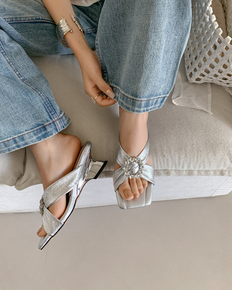 Karin Luna In Stock In Stock Elegant Square-Toe Cross-Strap Rhinestone Square-Toe Slippers