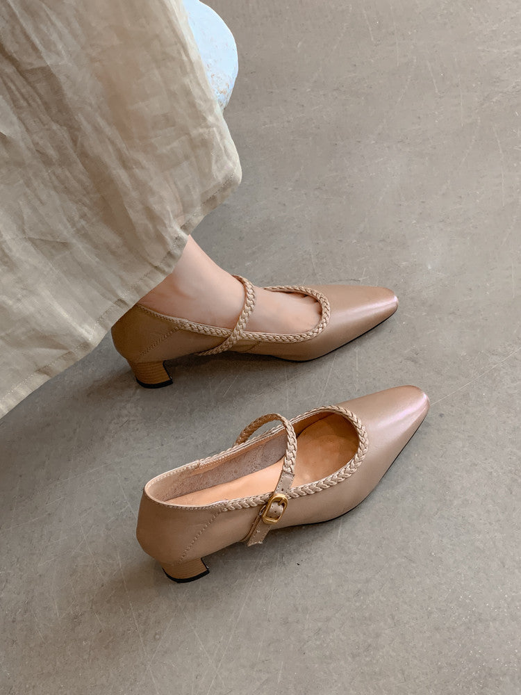Karin Luna Braided Element Design Chunky Heel Square Toe Single Strap Shoes