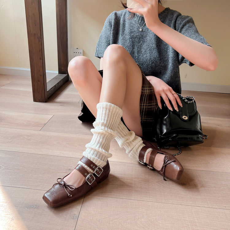 Karin Luna In Stock Spot Goods Sweet Bowknot Square Toe Hidden Wedge Strap Buckle Single Shoes
