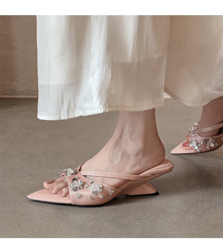 Karin Luna Bestseller Sequin Elements Elegant Pointed Toe Irregular Heel Slippers