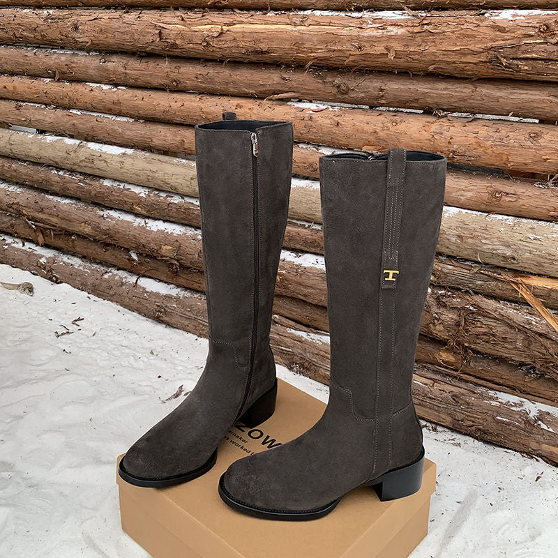 Karin Luna In Stock Spot Goods Basic Retro Square Toe Chunky Heel Riding Boots