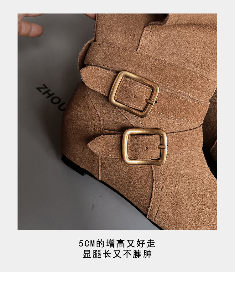 Karin Luna Cow Leather Small Square Toe Belt Buckle Fashion Boots