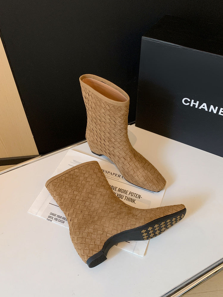 Karin Luna Handmade Woven Fabric Small Square Toe Hidden Heel Short Boots