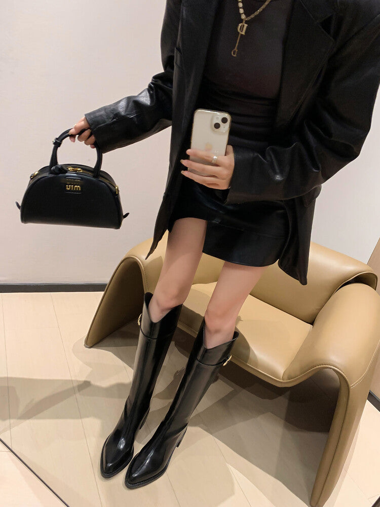 Karin Luna Bestseller  Popular Understood everything  Basic Elegant Outfit Pointed Toe Chunky Heel Full Cowhide I Am A Knight Boots