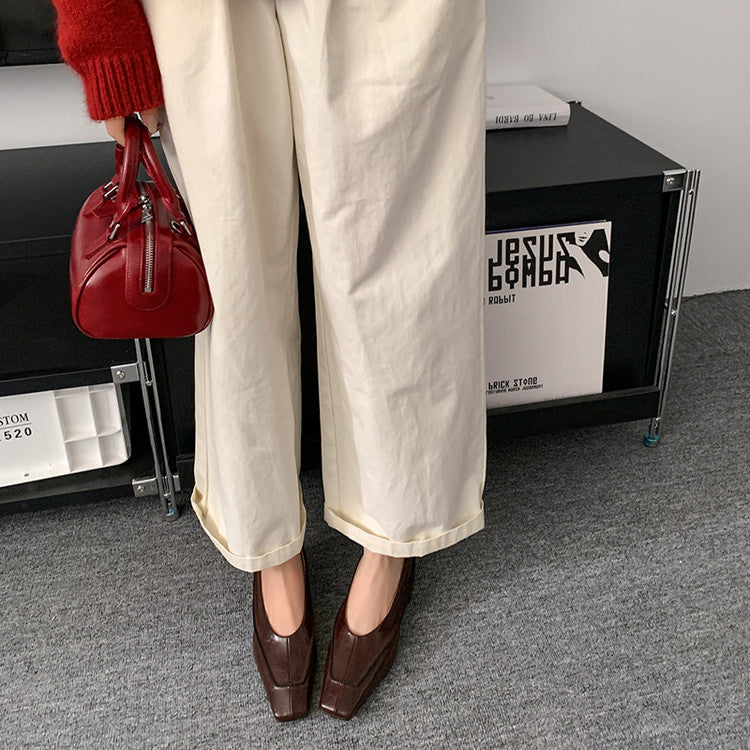Karin Luna In Stock Spot Goods  Retro Full Leather Square Toe Shallow Mouth Single Shoes