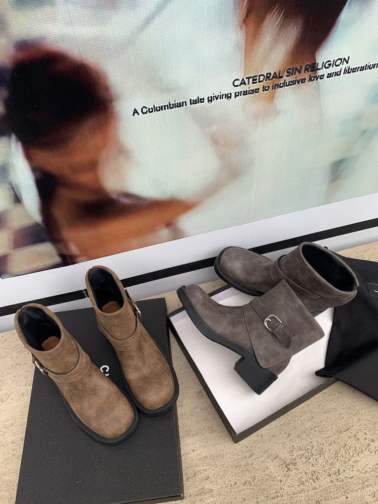 Karin Luna In Stock Spot Goods Versatile Basic Round Toe Belt Buckle Thick Sole Tube Boots