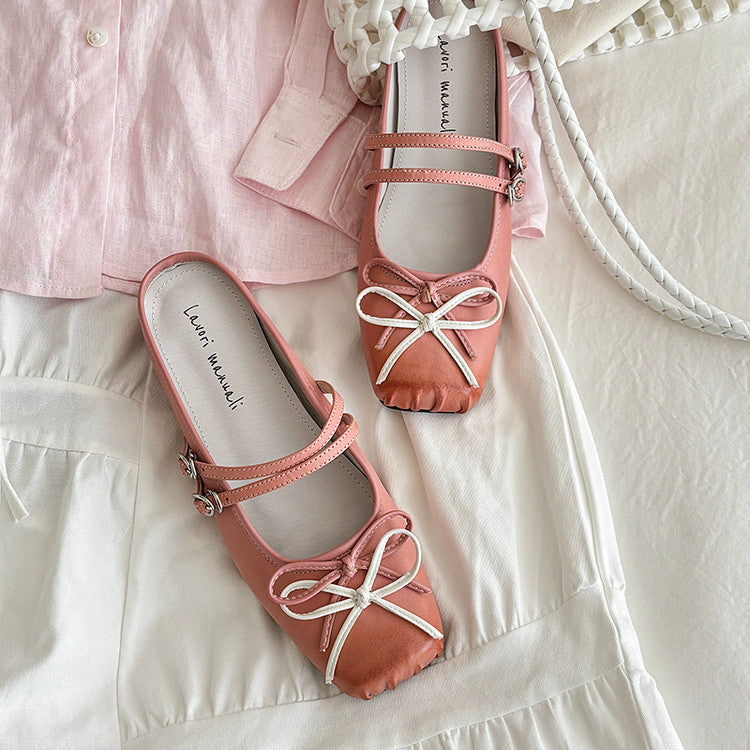 Karin Luna In Stock In Stock   Summer New Sweet Bowknot Color Block Square Toe Height-Increasing Slippers