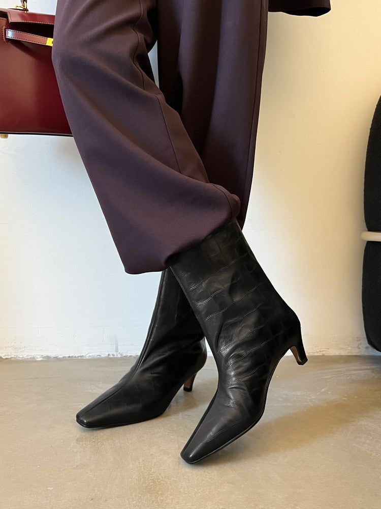 Karin Luna In Stock Spot Goods Top Layer Stone Pattern Cowhide Textured Small Square Toe Straight Short Boots