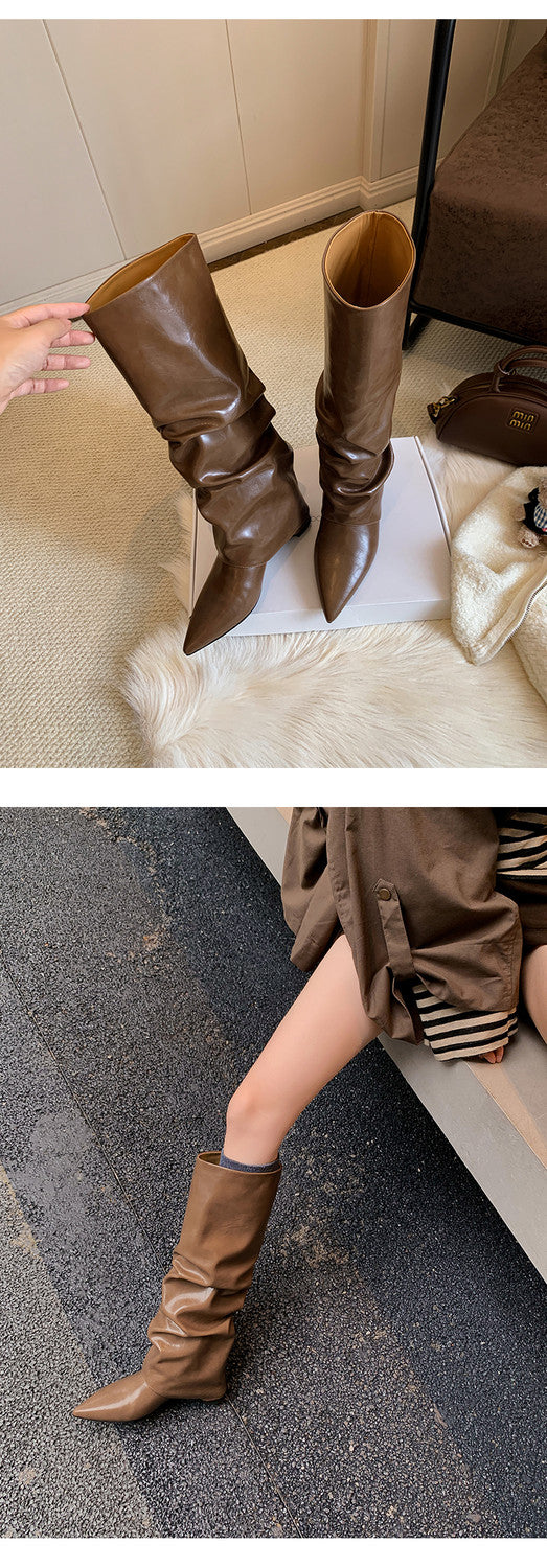 Karin Luna Elegant Style Pointed Toe Hidden Wedge Long Boots