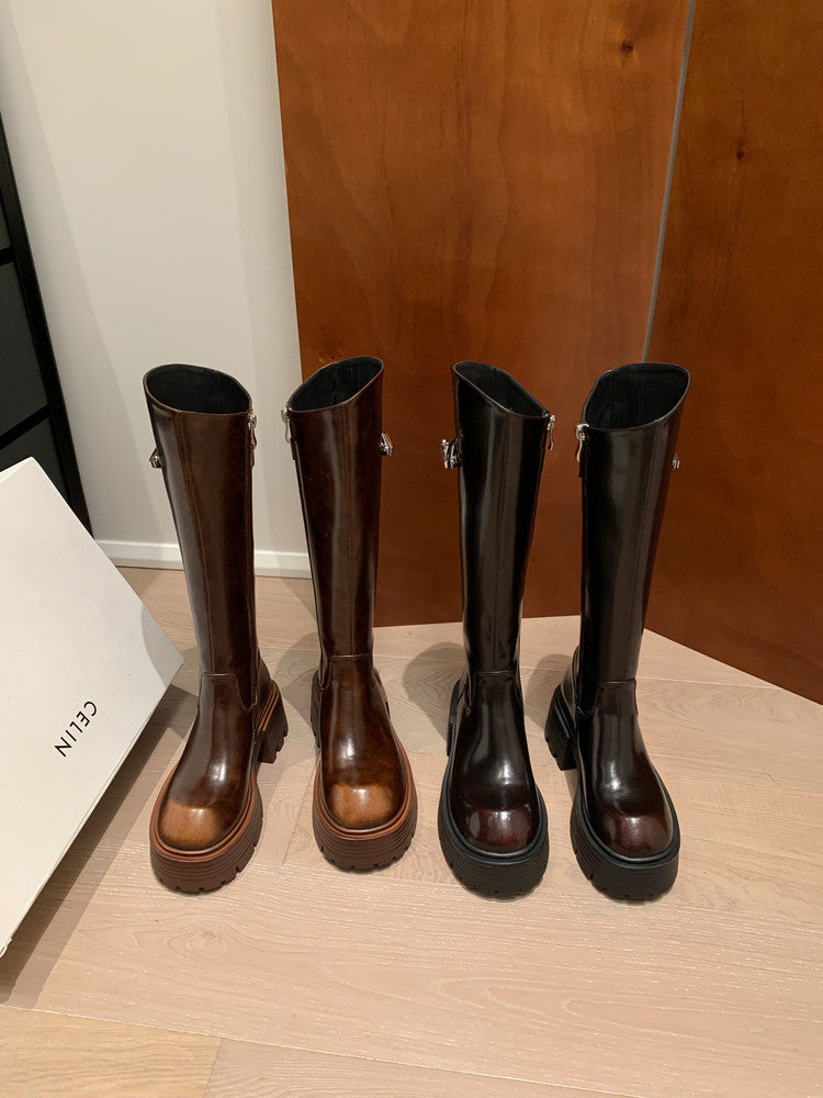 Karin Luna In Stock In Stock  Round Toe Thick Sole Belt Buckle Side Zipper Knight Boots