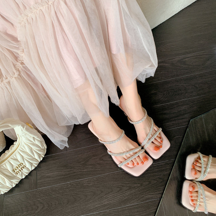 Karin Luna In Stock Spot Goods  Minimalist Versatile Square Toe Rhinestone Strap Open-Toe Sandals