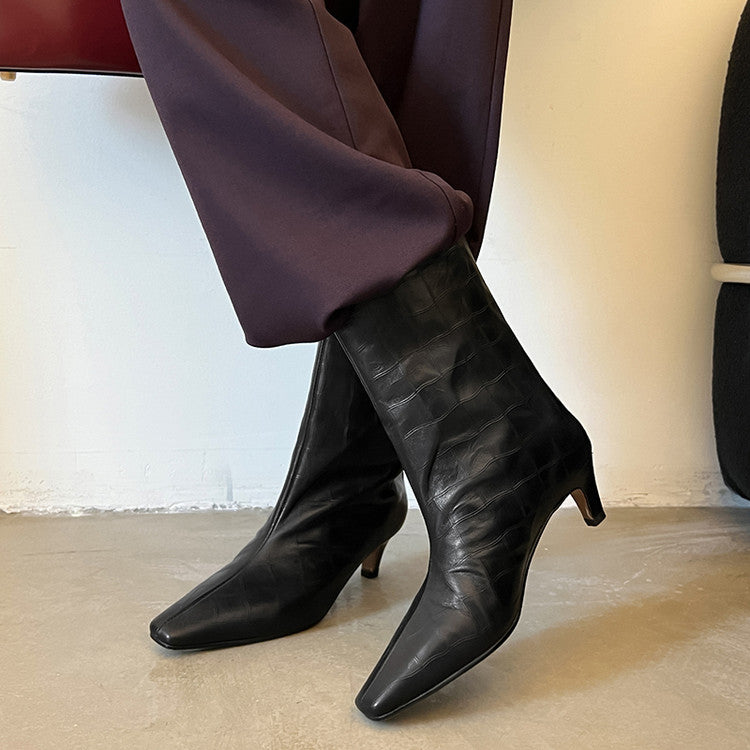 Karin Luna In Stock Spot Goods Top Layer Stone Pattern Cowhide Textured Small Square Toe Straight Short Boots