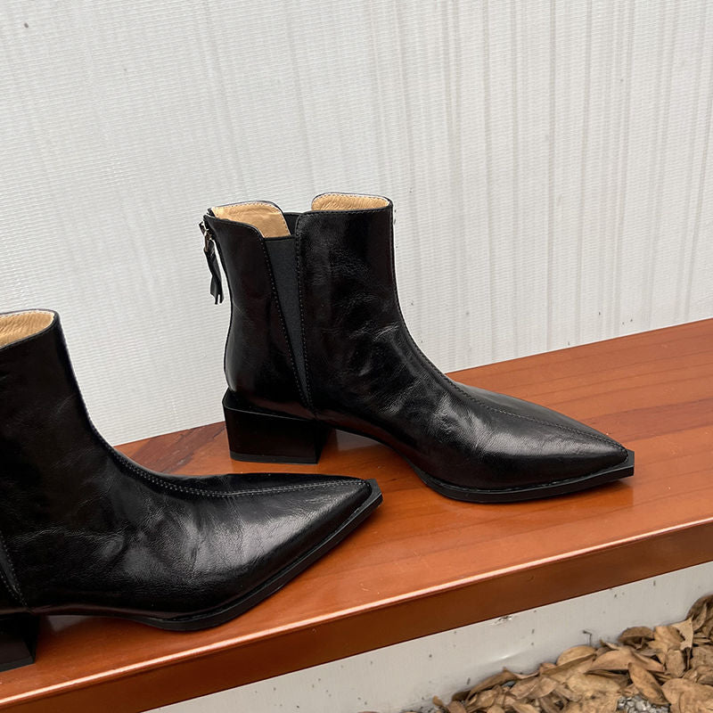 Karin Luna In Stock Spot Goods Elegant Stretch Fabric Patchwork Pointed Toe Chunky Heel Short Boots
