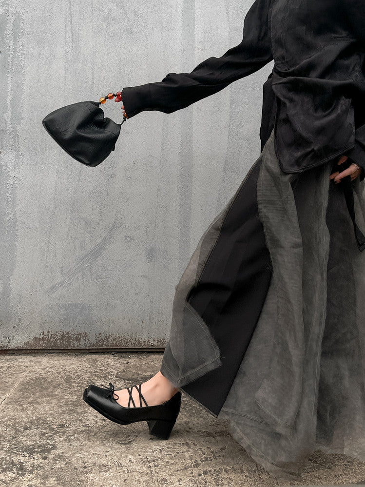 Karin Luna In Stock Spot Goods  Popular Self-flowing Bowknot Square Toe Chunky Heel Single Shoes