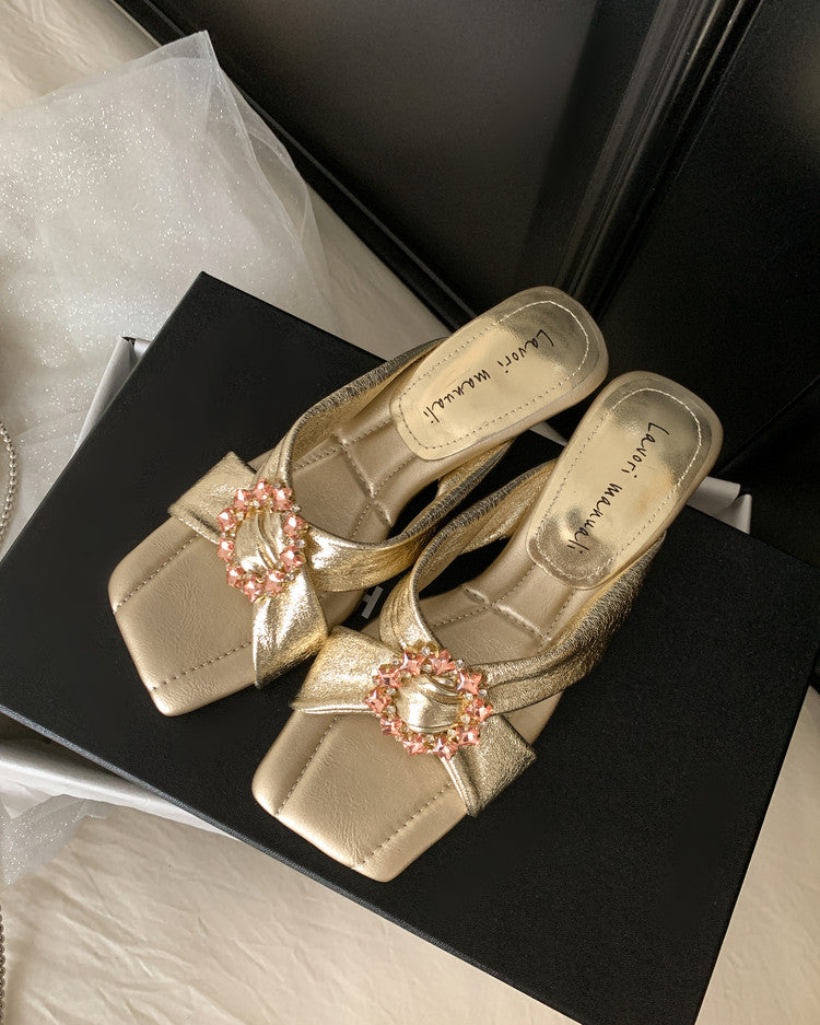 Karin Luna In Stock In Stock Elegant Square-Toe Cross-Strap Rhinestone Square-Toe Slippers