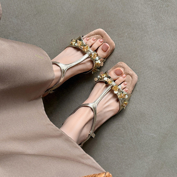 Karin Luna Hot-Selling Sequin Floral Series ~  Square Toe Irregular Heel Square Toe Sandals