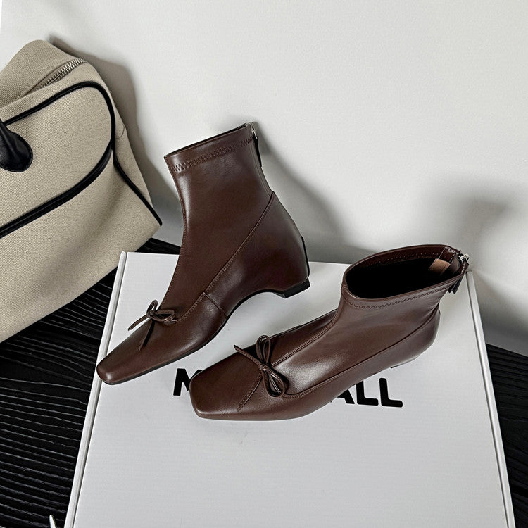 Karin Luna French Style Square Toe Bowknot Hidden Wedge Slim Boots