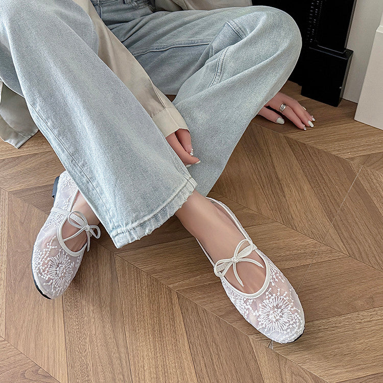 Karin Luna In Stock Spot Goods  Summer Breathable Retro Embroidered Bow Granny Shoes