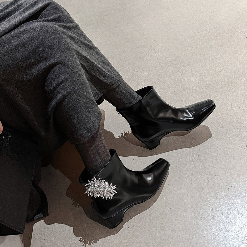 Karin Luna Elegant Style Square Toe Flower Design Height Increasing Short Boots with Two Front and Back Options