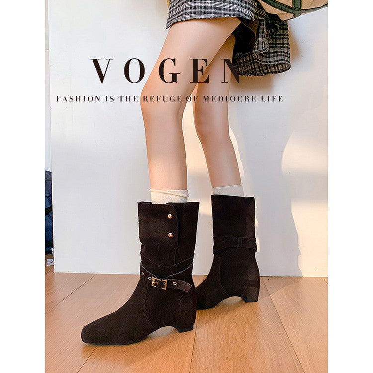Karin Luna Foldable Belt Buckle Square Toe Hidden Wedge Short Boots