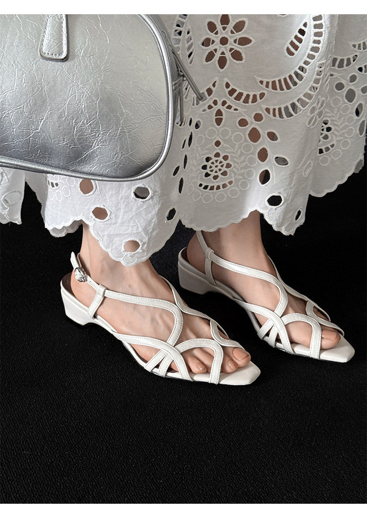 Karin Luna French Hollow Style Small Square Toe Chunky Heel Sandals