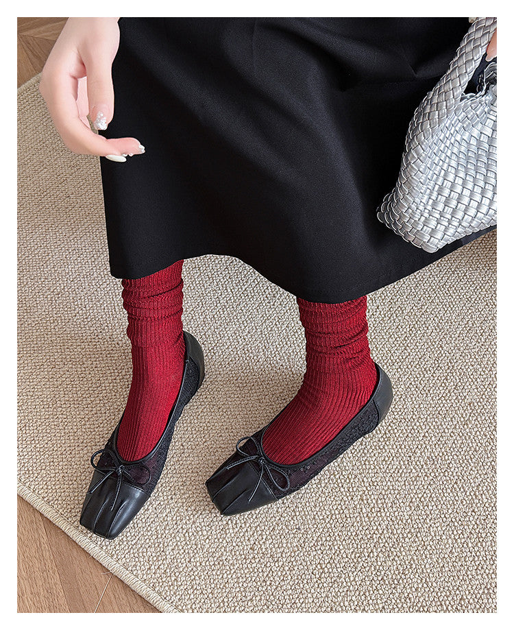 Karin Luna In Stock In Stock  Wrinkled Square Toe Patchwork Breathable Mesh Bow Granny Shoes