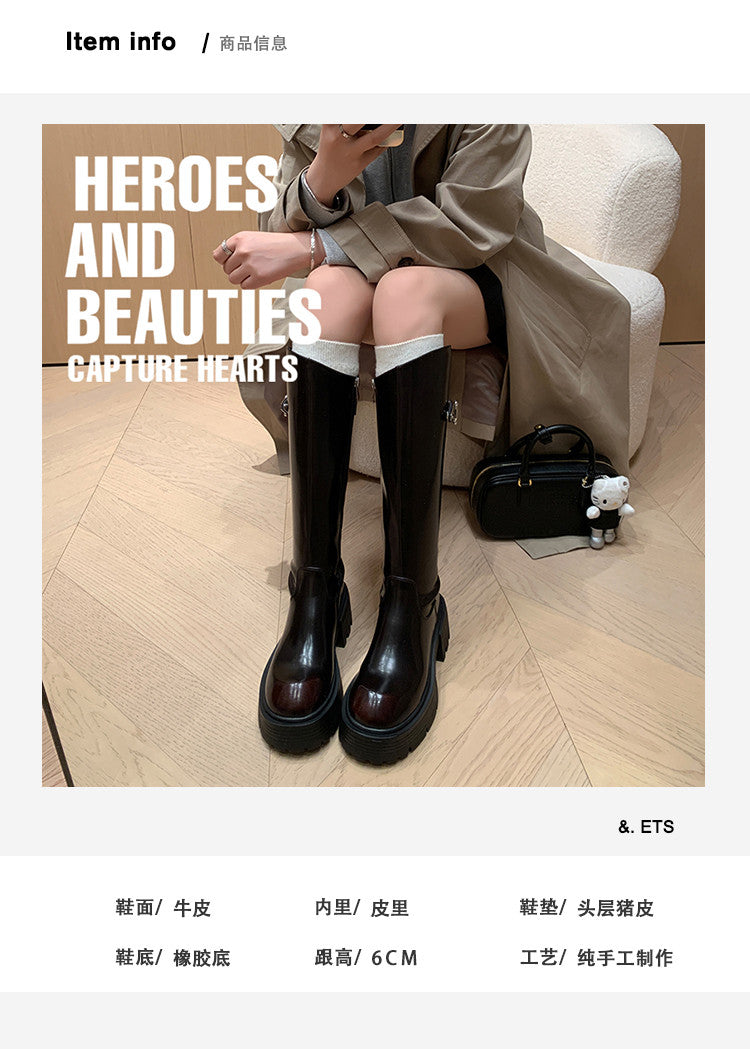 Karin Luna In Stock In Stock  Round Toe Thick Sole Belt Buckle Side Zipper Knight Boots