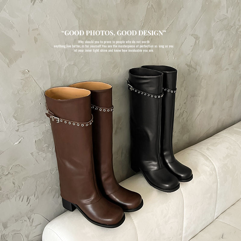 Karin Luna In Stock Spot Goods Belt Buckle Color-Washed Casual Thick-Soled Bootcut Pants Boots