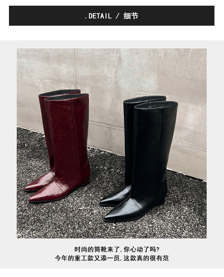 Karin Luna Elegant Style Pointed Toe Internal Height Increase Slip-On Long Boots