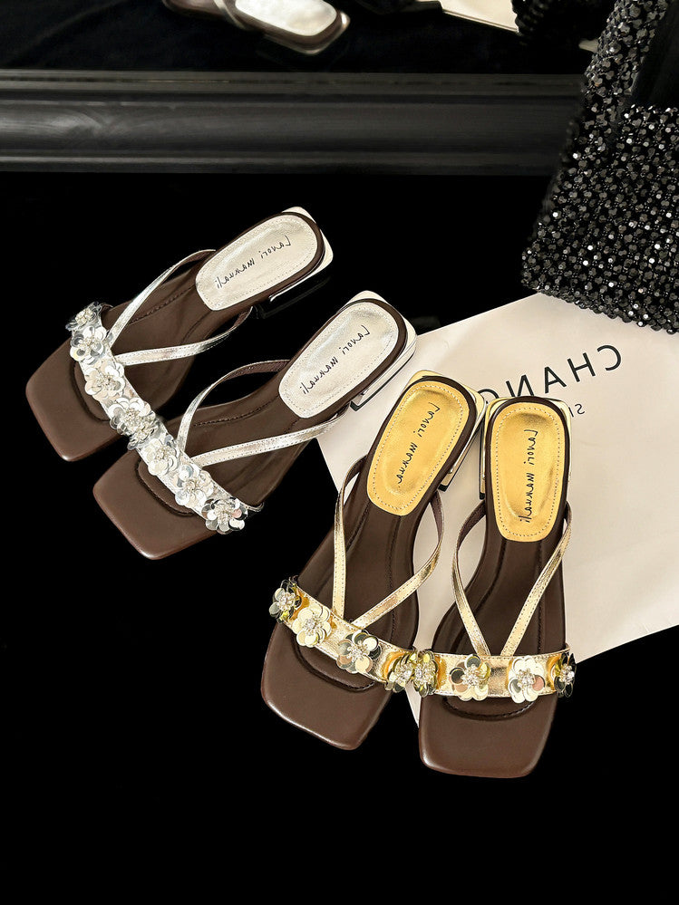 Karin Luna In Stock Spot Goods  One-Strap Sequin Floral Square-Toe Flat Slippers