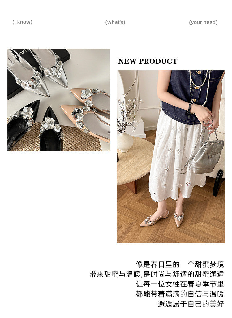 Karin Luna In Stock In Stock  Sequin Floral Pointed Toe Chunky Heel Closed-Toe Sandals