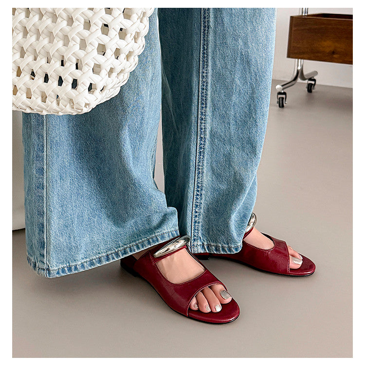 Karin Luna In Stock Spot Goods  Metal Buckle Round Toe Strap Slippers