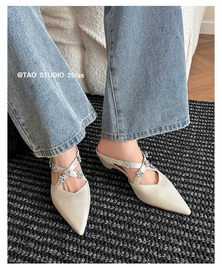 Karin Luna Elegant Pointed Toe Rhinestone Flower High Heel Mules