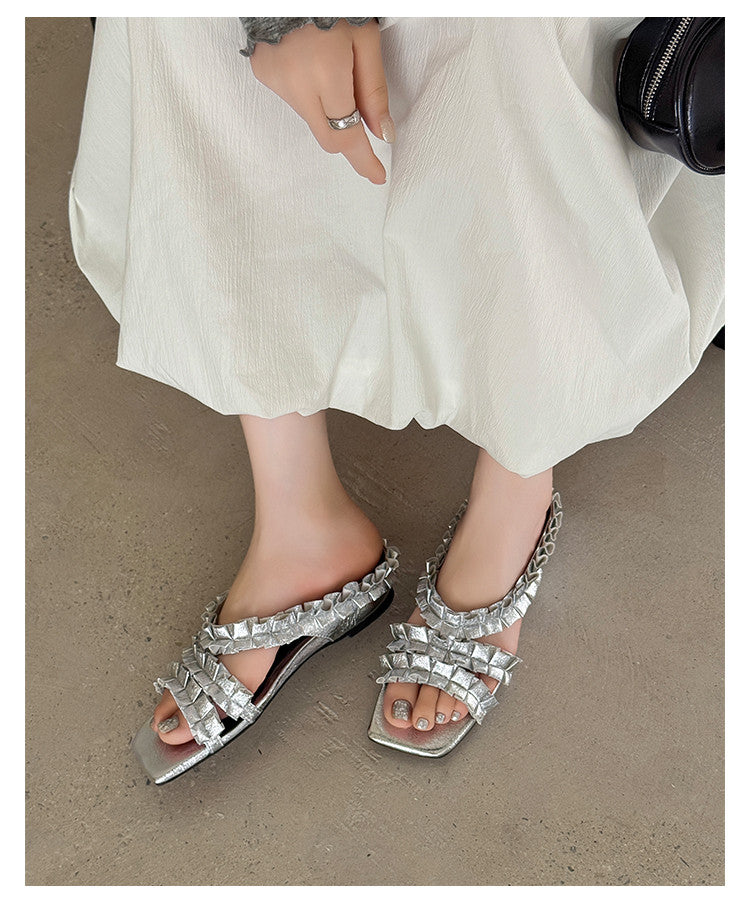 Karin Luna In Stock   Spot Goods  Niche Design Square-Toed Pleated Flat Slippers