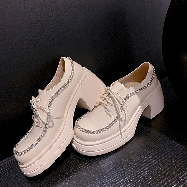 Karin Luna In Stock In Stock  Rhinestone Shoe Edge Trim Lace-up Thick Sole Loafers Best-selling in stock